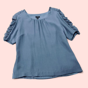 Cornflower Blue Shirred Ruched Short Sleeve Silk Coquette Lolita Preppy Blouse 8